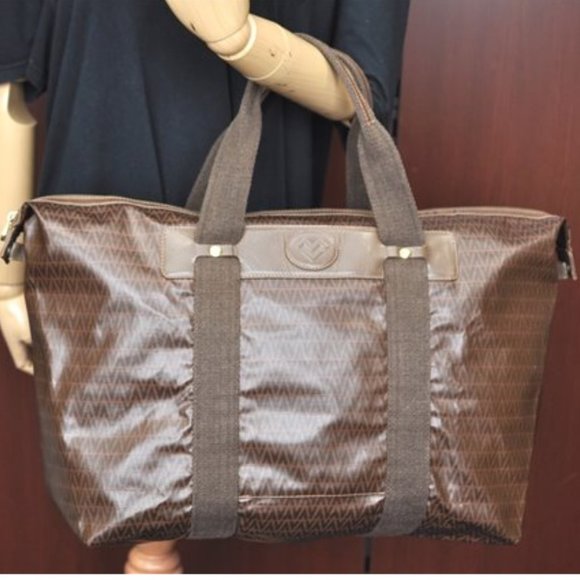 💰AUTHENTIC MARIO VALENTINO "V" LOGO LARGE TRAVEL TOTE BAG PVC/LEATHER BROWN GUC - Picture 4 of 17